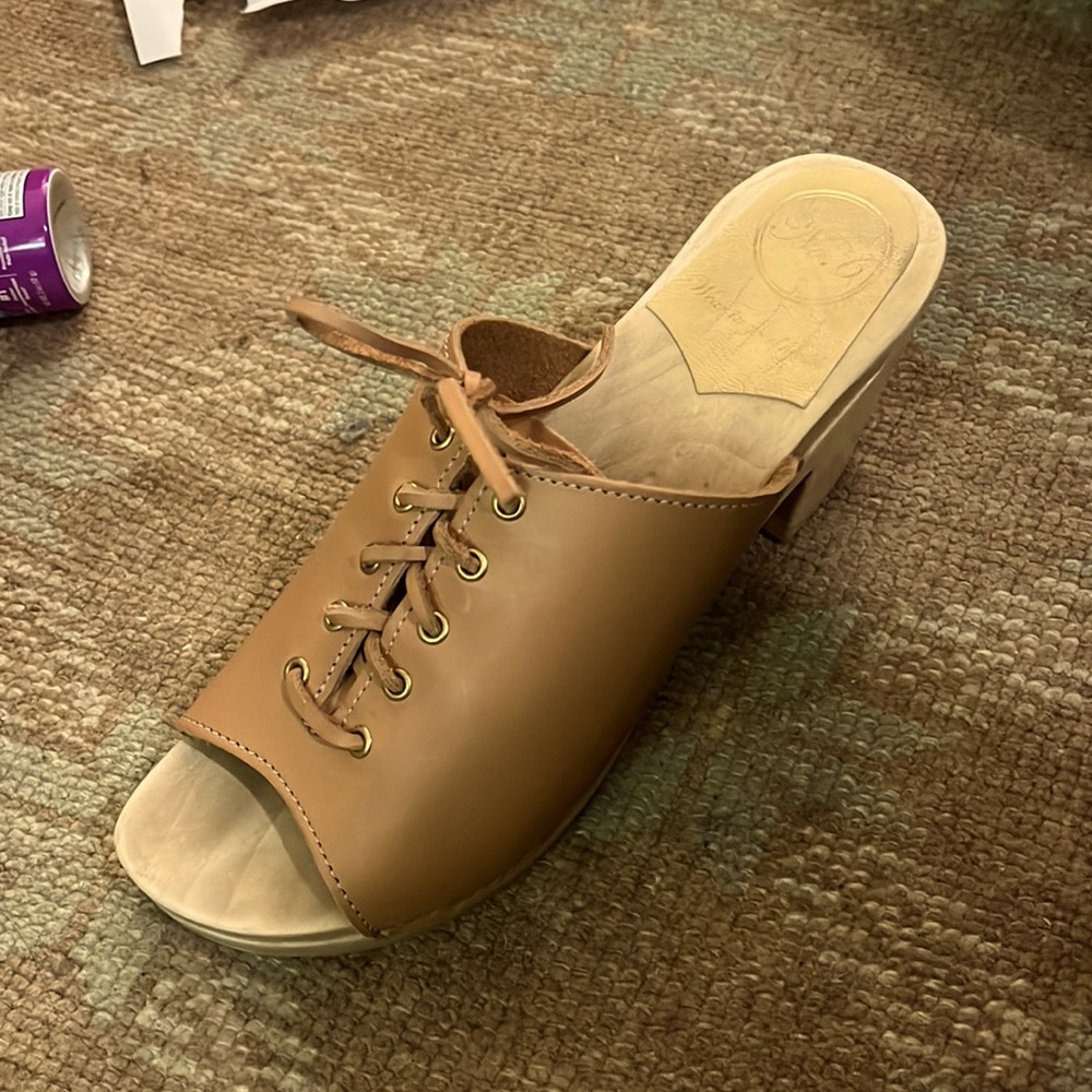 Tan Leather Mules with Lace-Up Design